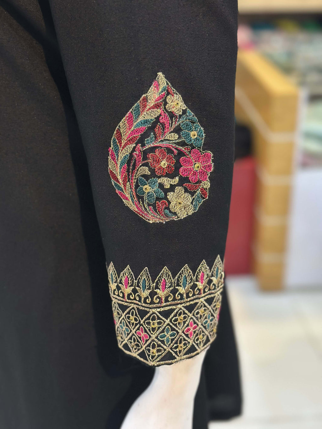 Dil-Kash Black Karandi Patchwork 3-Piece Suit Rumaisa Fashion