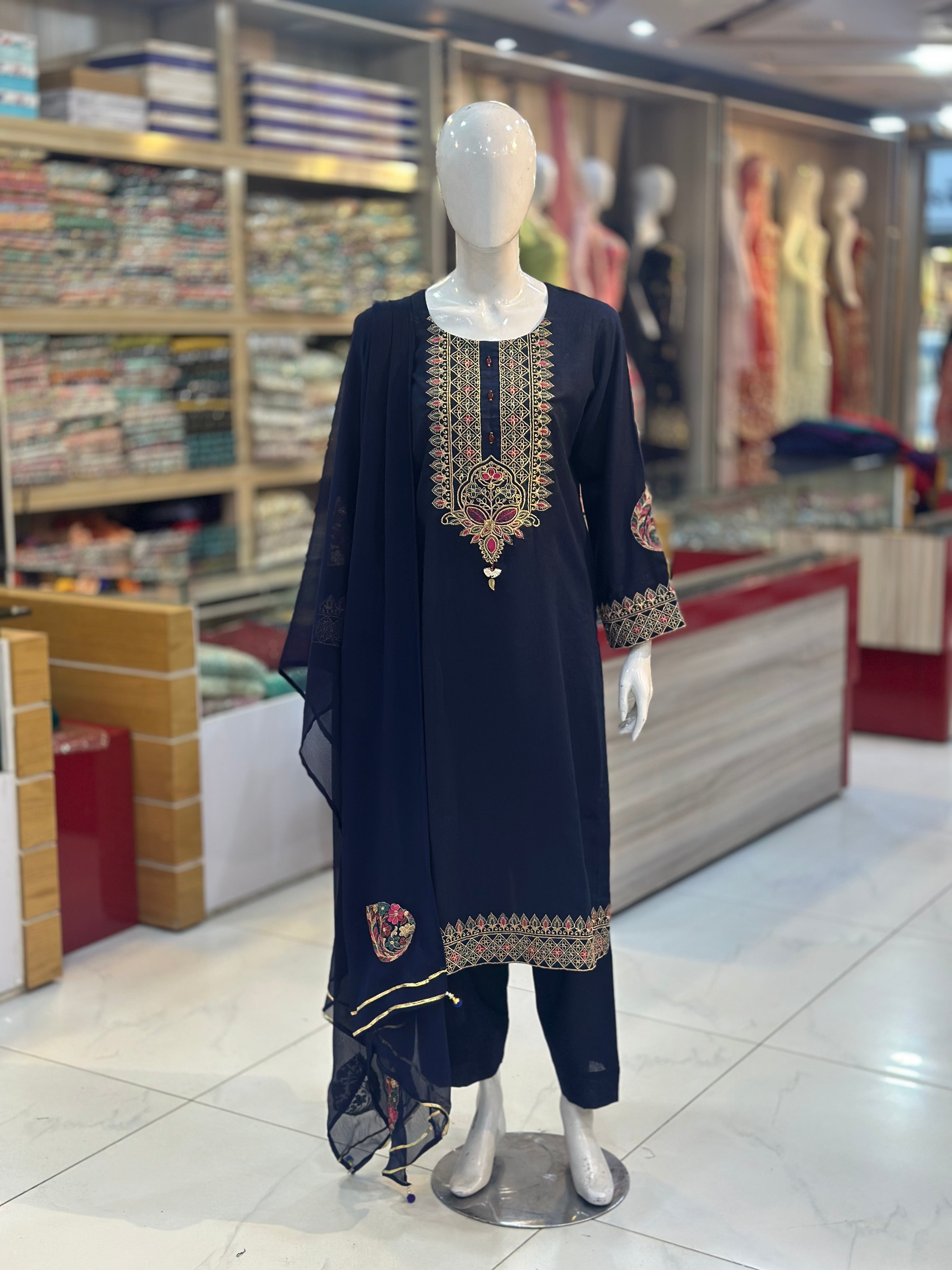 Dil-Kash Karandi Blue | 3 Piece Suit | (RF-D1-KR-BL) Rumaisa Fashion