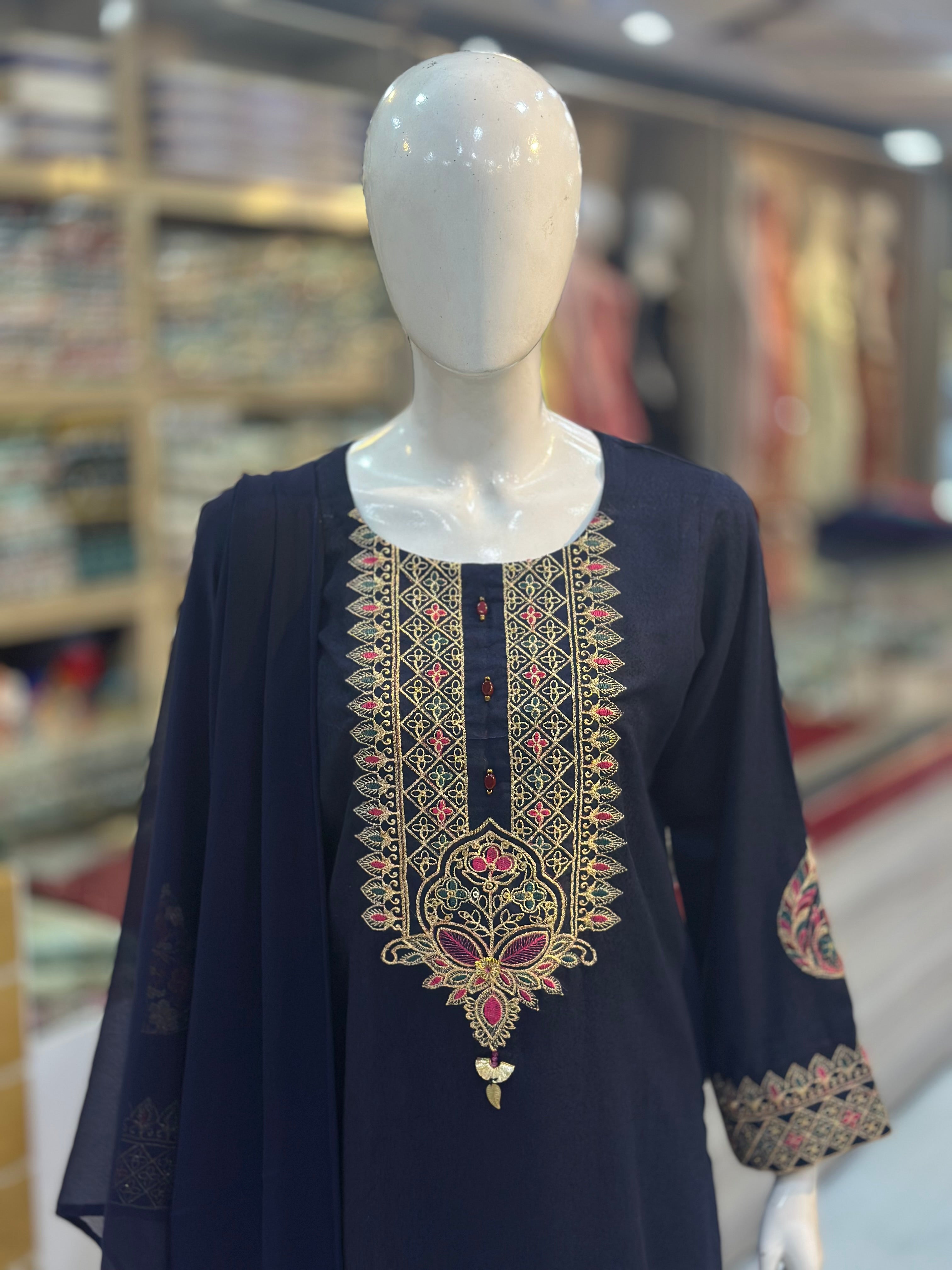 Dil-Kash Karandi Blue | 3 Piece Suit | (RF-D1-KR-BL) Rumaisa Fashion