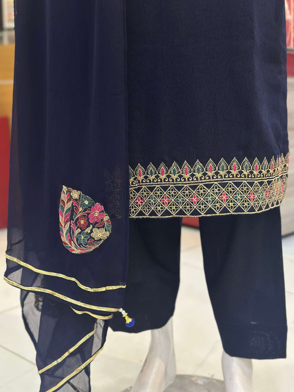 Dil-Kash Blue Karandi Patchwork 3-Piece Suit Rumaisa Fashion