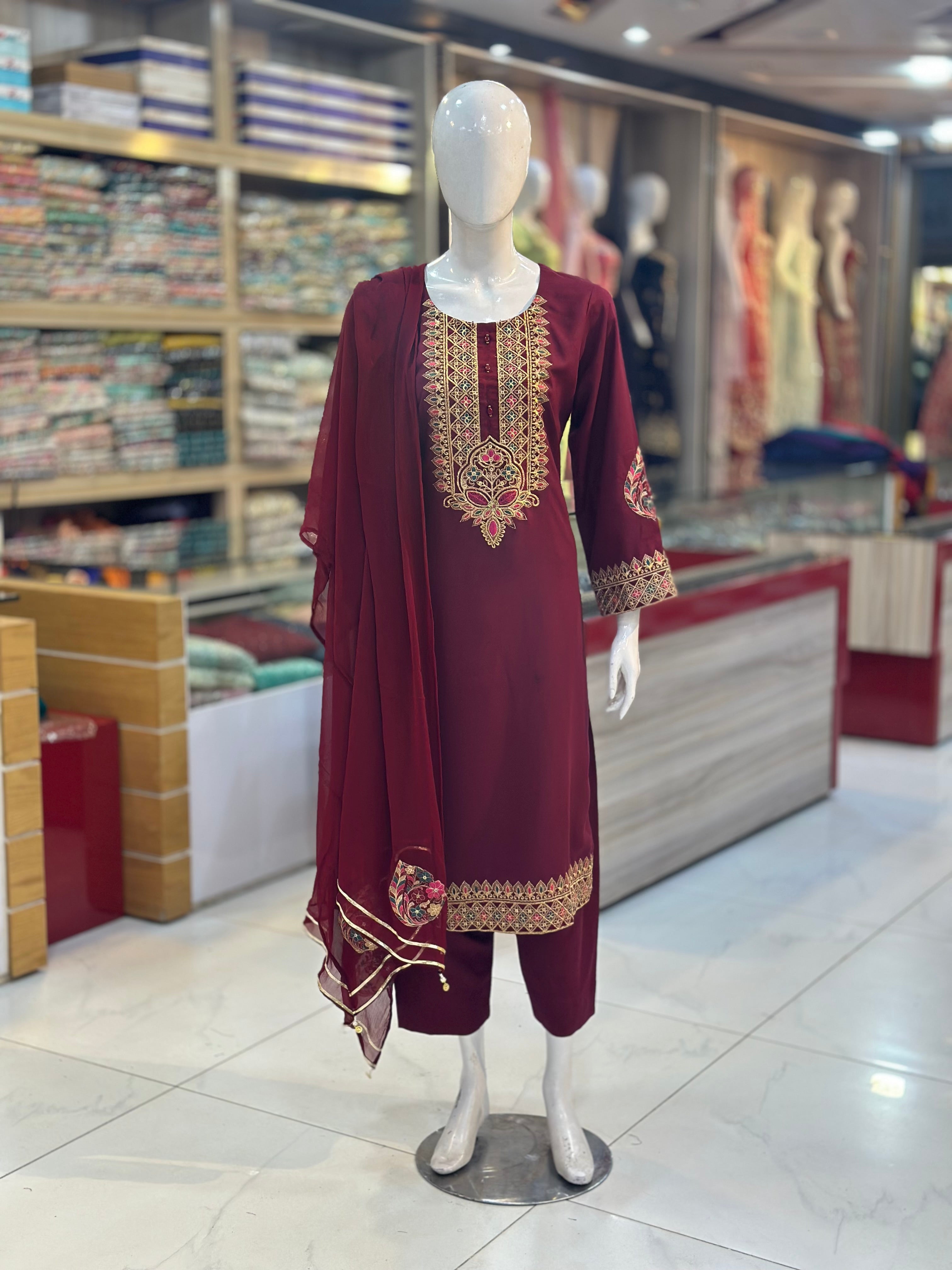 Dil-Kash Karandi Maroon | 3 Piece Suit | (RF-D1-KR-MR) Rumaisa Fashion
