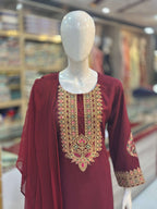 Dil-Kash Maroon Karandi Patchwork 3-Piece Suit Rumaisa Fashion