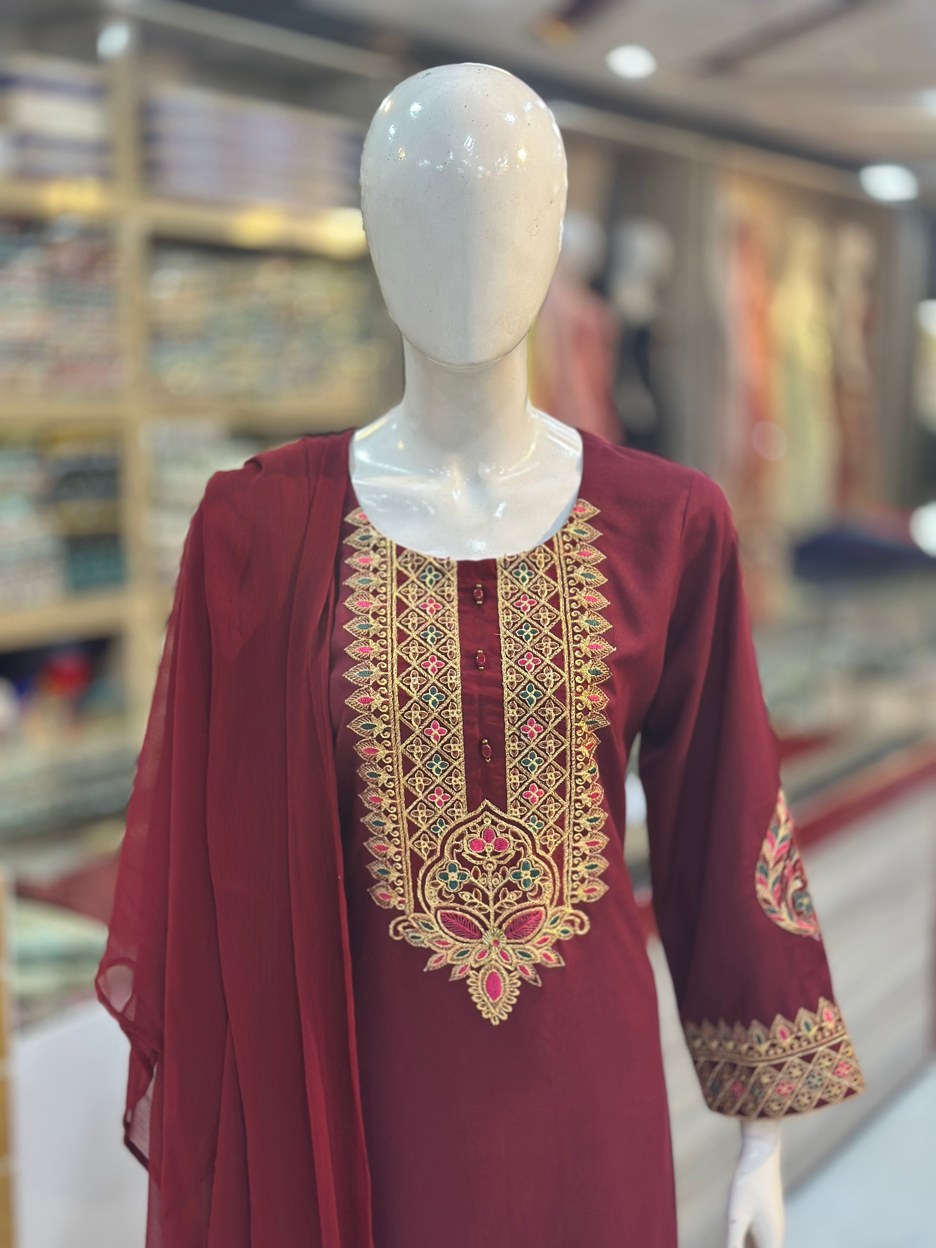 Dil-Kash Karandi Maroon | 3 Piece Suit | (RF-D1-KR-MR) Rumaisa Fashion