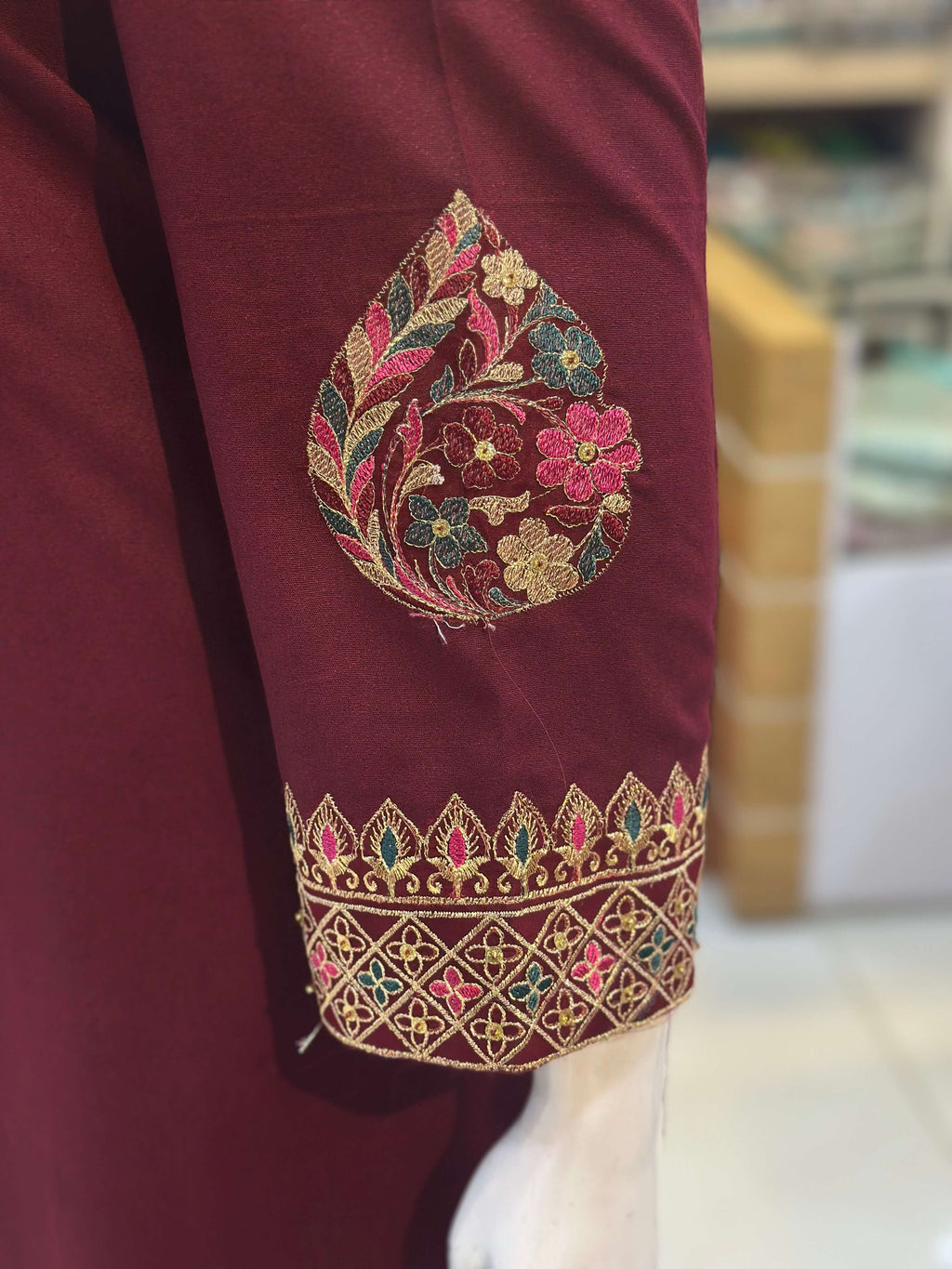 Dil-Kash Maroon Karandi Patchwork 3-Piece Suit Rumaisa Fashion