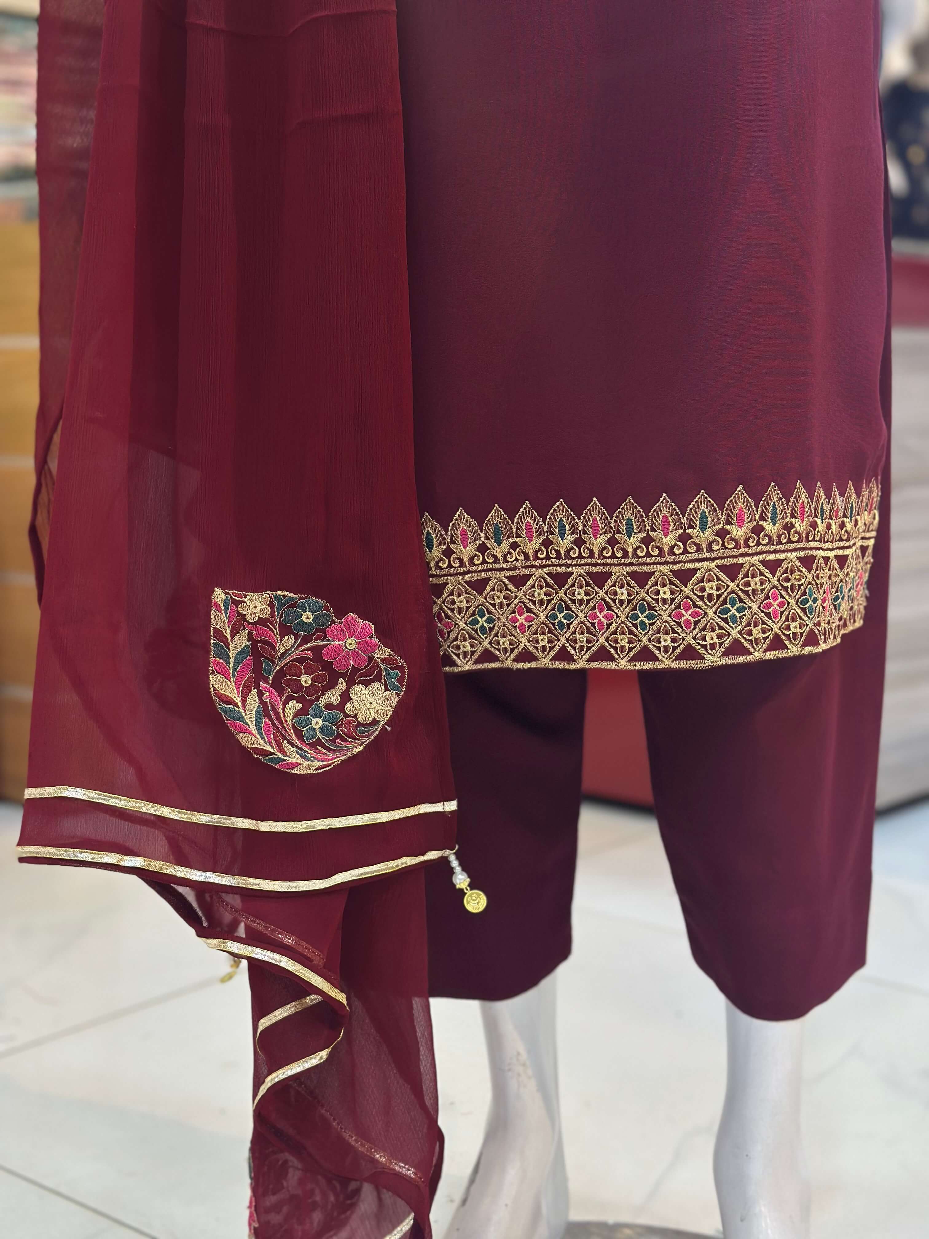 Dil-Kash Maroon Karandi Patchwork 3-Piece Suit Rumaisa Fashion