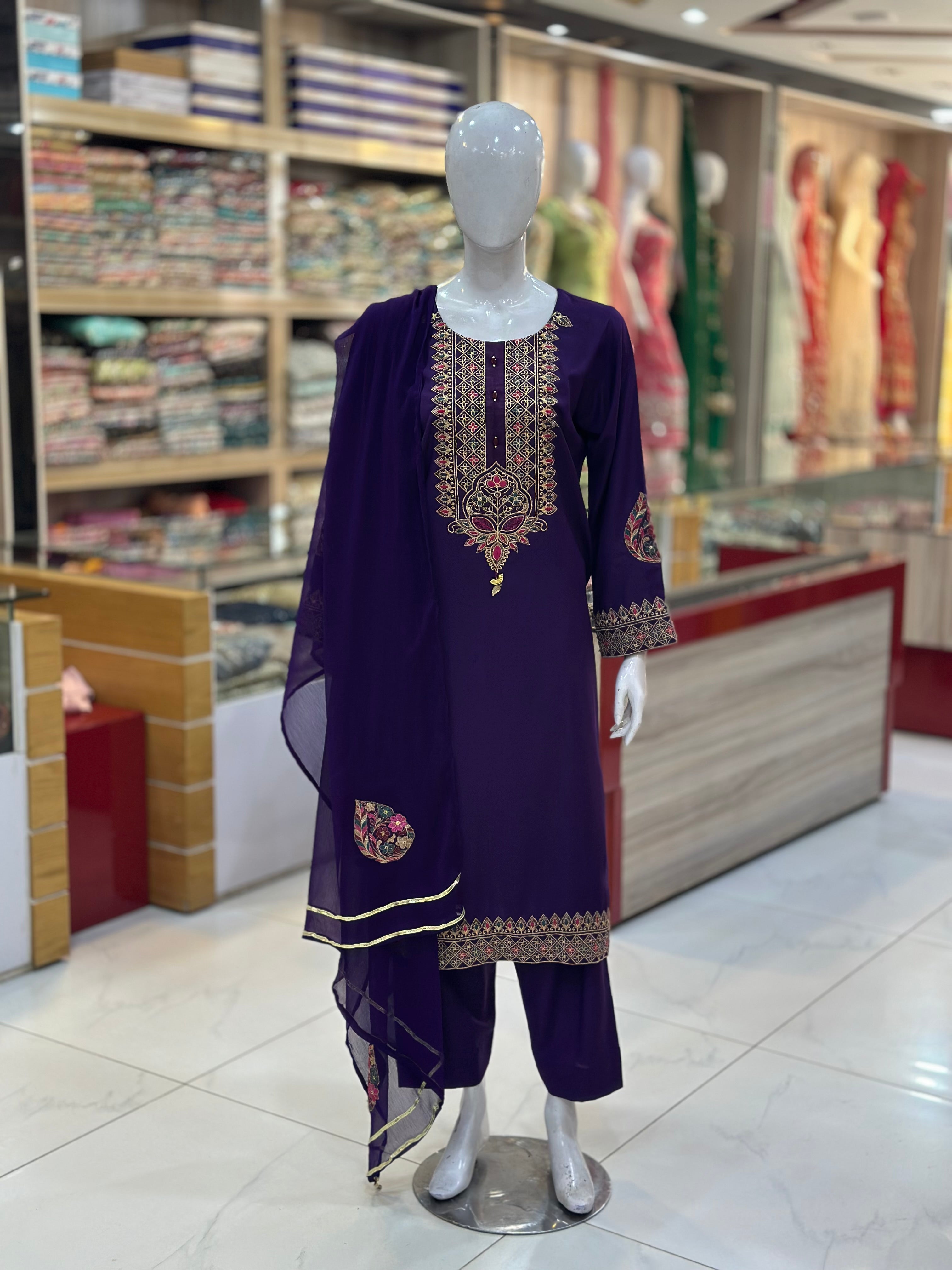 Dil-Kash Karandi Purple | 3 Piece Suit | (RF-D1-KR-PR) Rumaisa Fashion