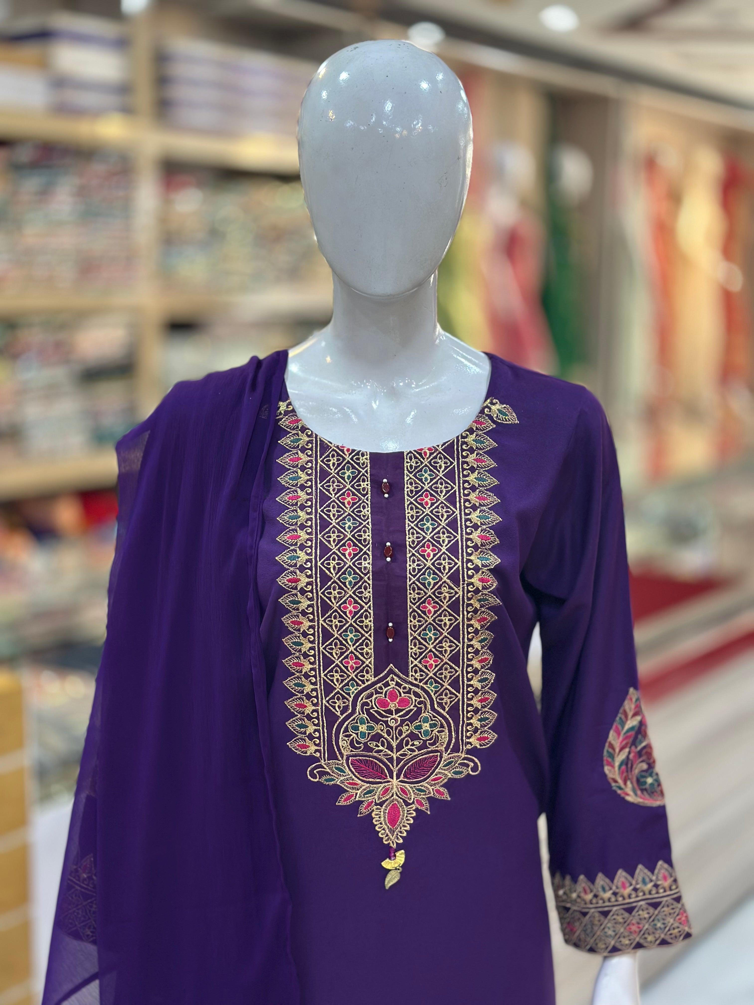 Dil-Kash Karandi Purple | 3 Piece Suit | (RF-D1-KR-PR) Rumaisa Fashion