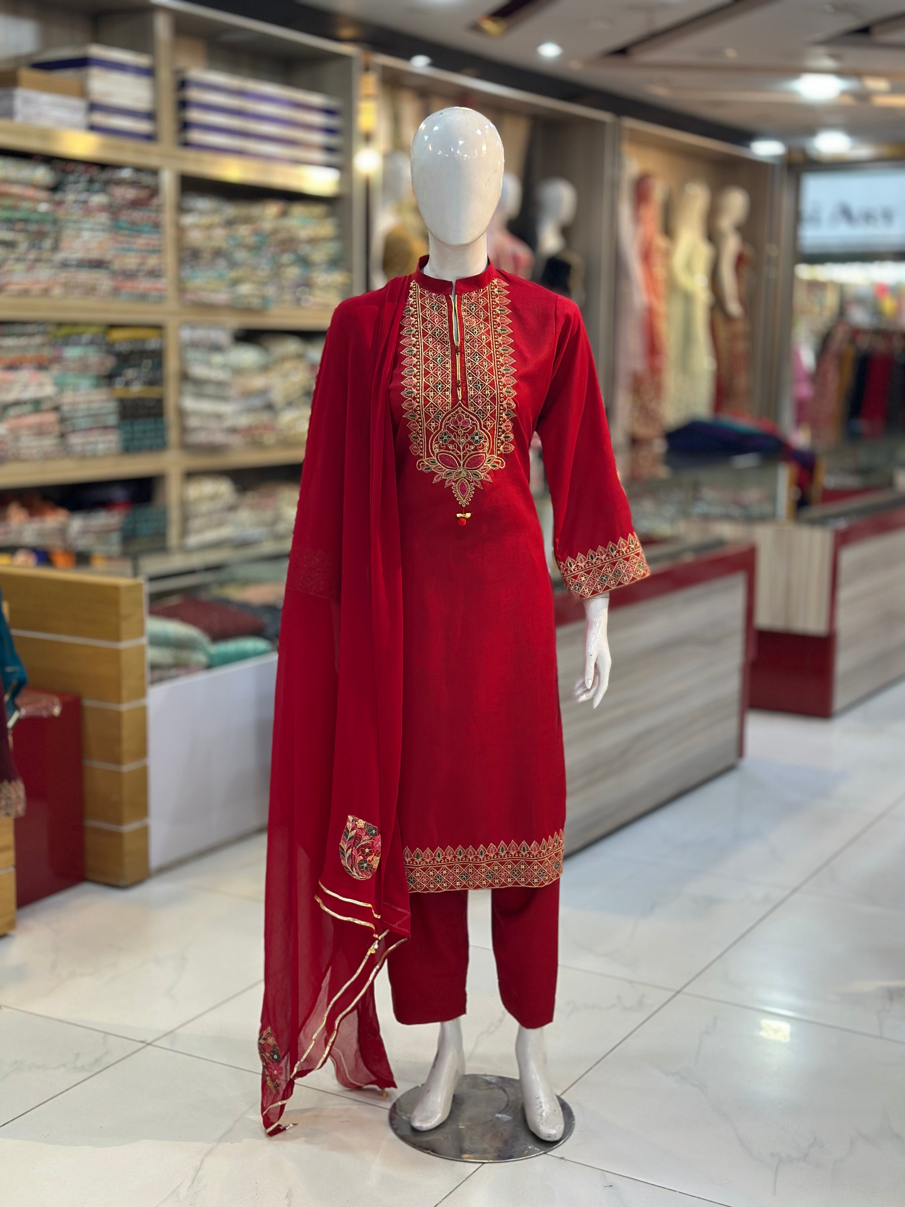Dil-Kash Karandi Red | 3 Piece Suit | (RF-D1-KR-RD) Rumaisa Fashion