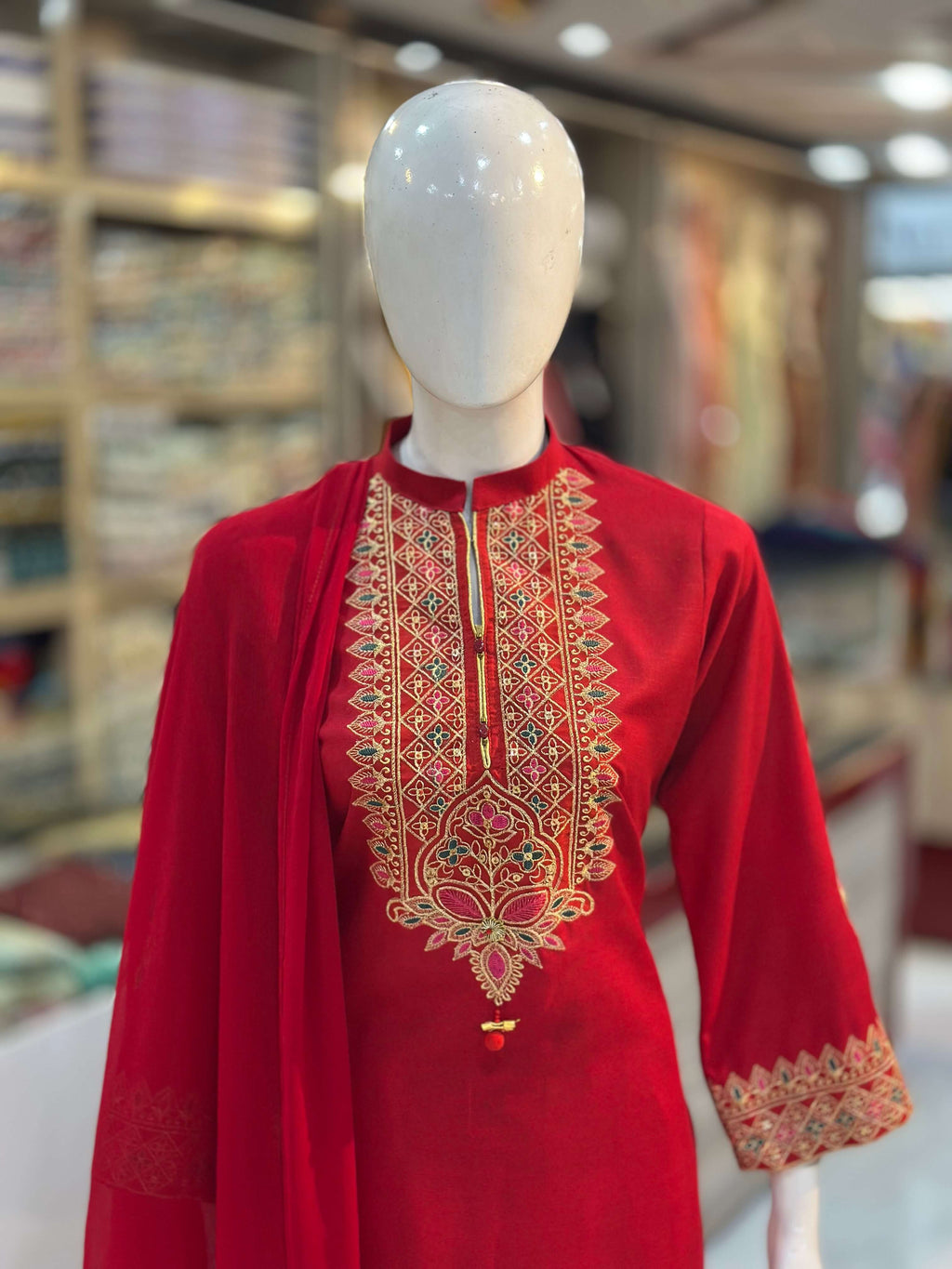 Dil-Kash Red Karandi Patchwork 3-Piece Suit Rumaisa Fashion