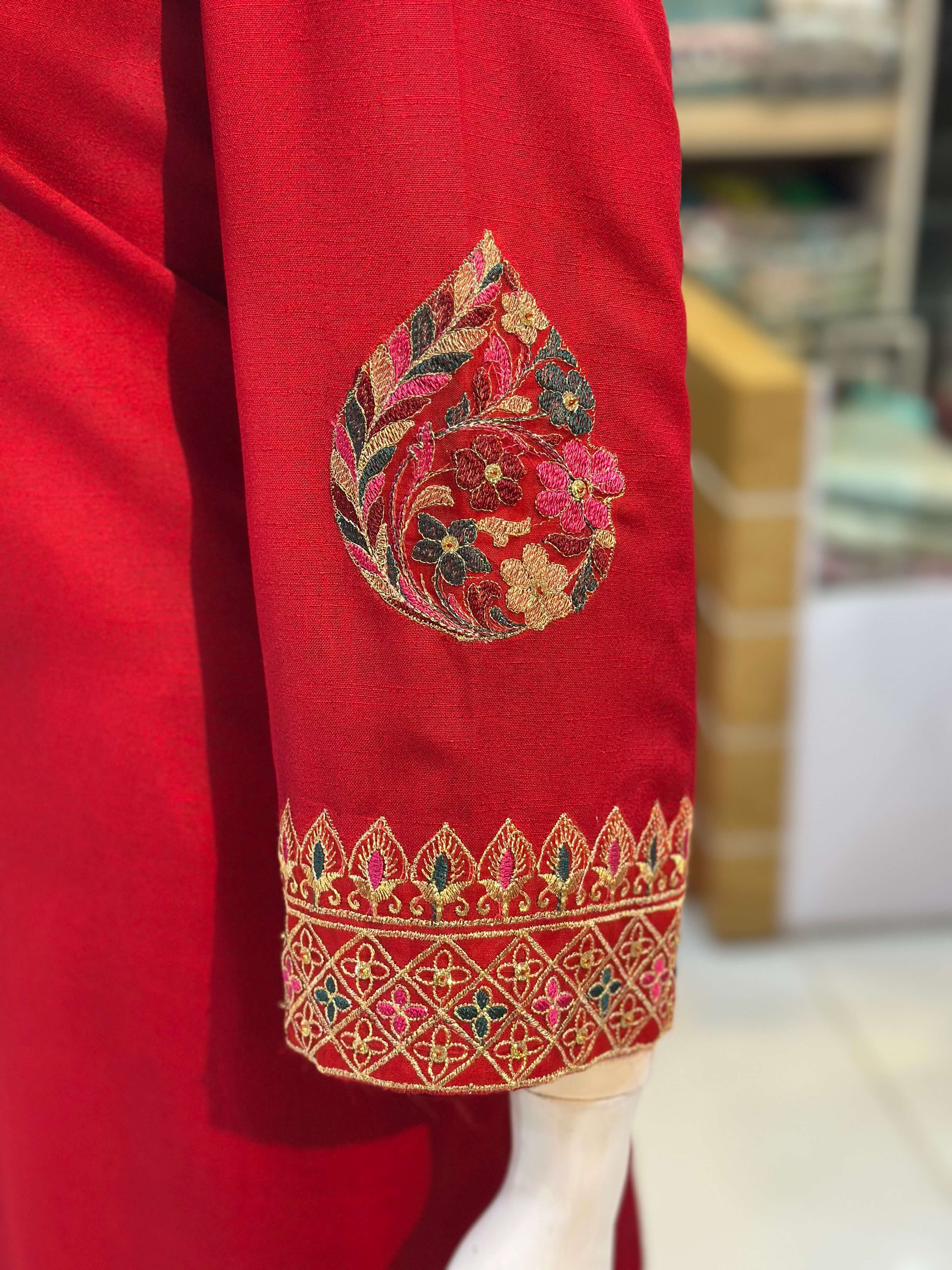 Dil-Kash Red Karandi Patchwork 3-Piece Suit Rumaisa Fashion