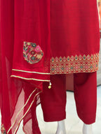 Dil-Kash Red Karandi Patchwork 3-Piece Suit Rumaisa Fashion