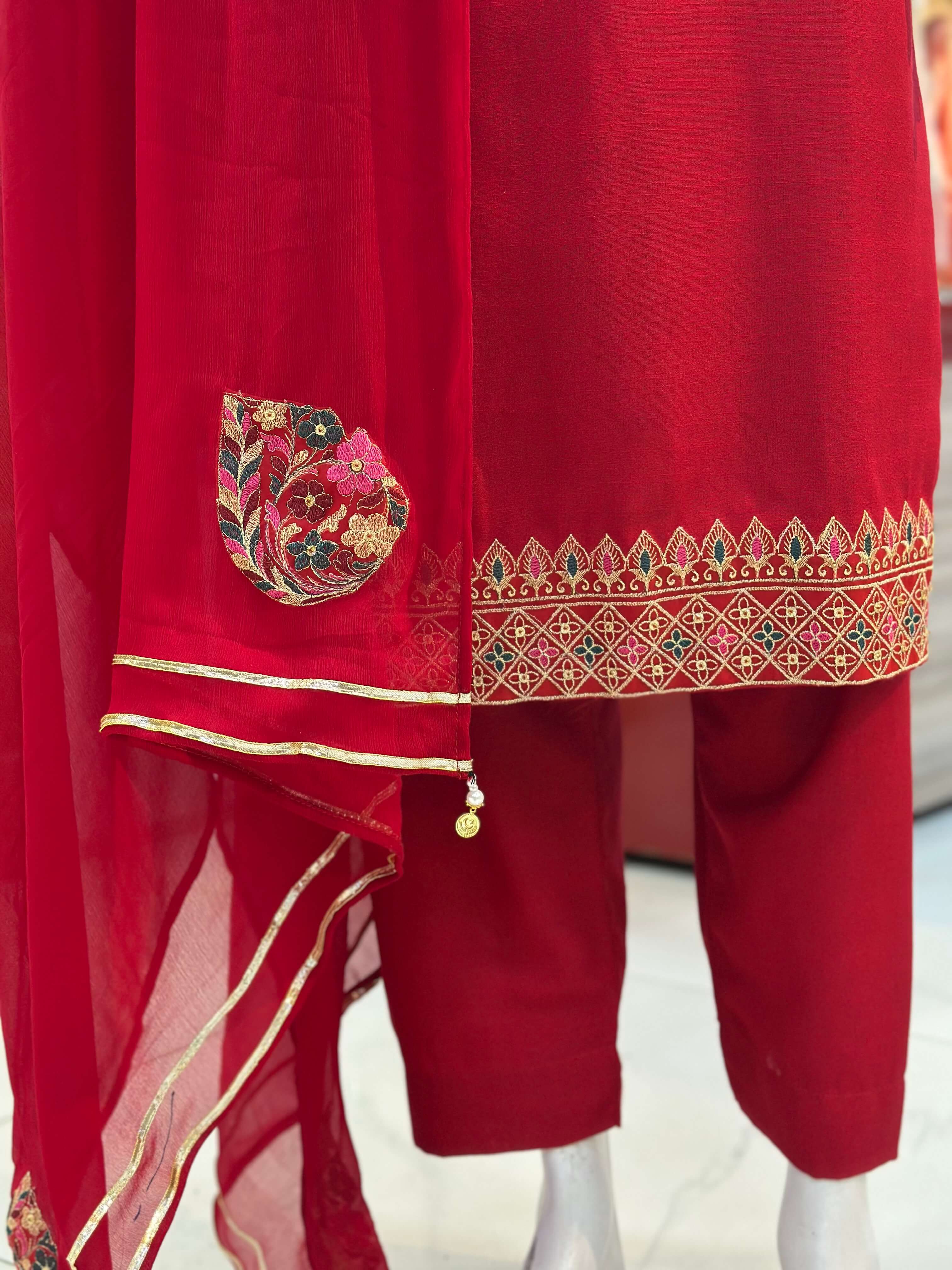 Dil-Kash Red Karandi Patchwork 3-Piece Suit Rumaisa Fashion