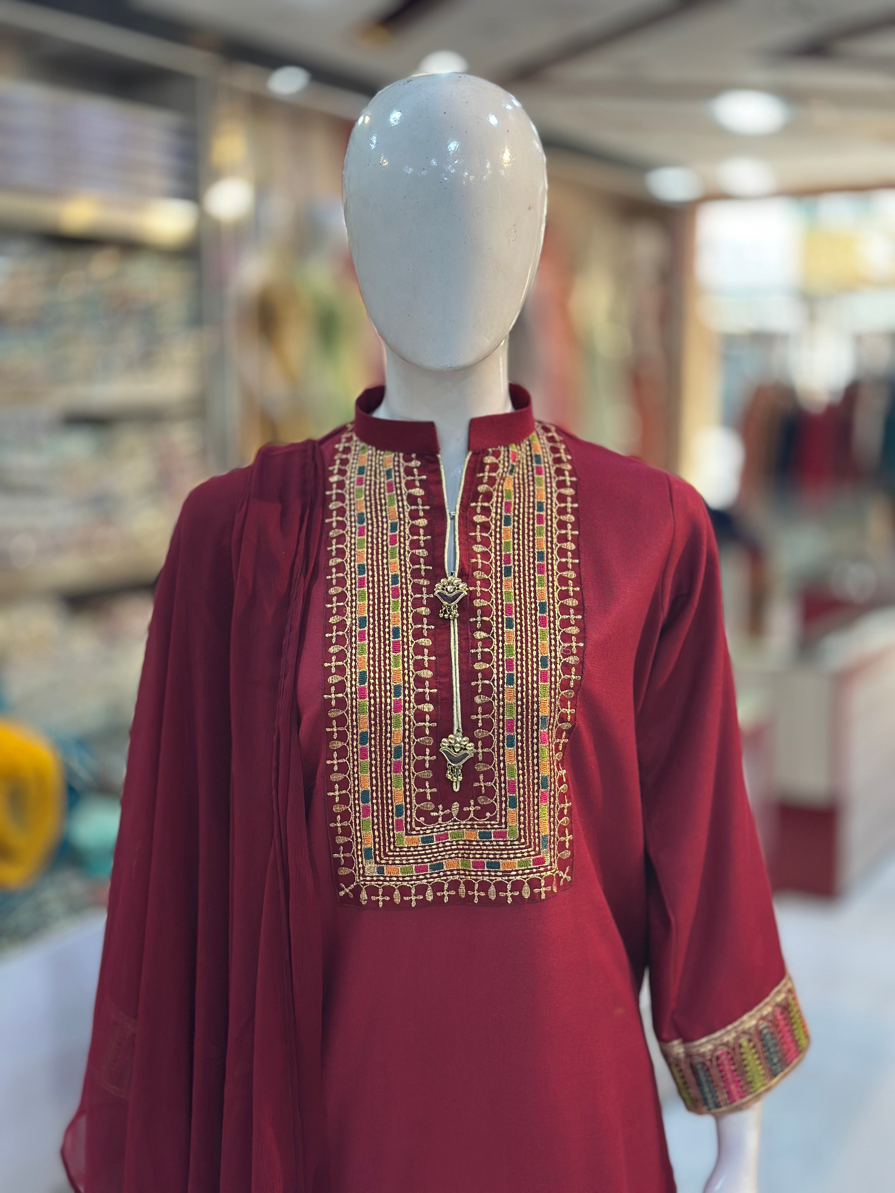 Gul-E-Arzo Karandi Maroon | 3 Piece Suit | (RF-D2-KR-MR) Rumaisa Fashion