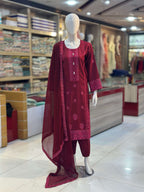 Kashish Maroon Karandi Embroidered 3-Piece Suit Rumaisa Fashion
