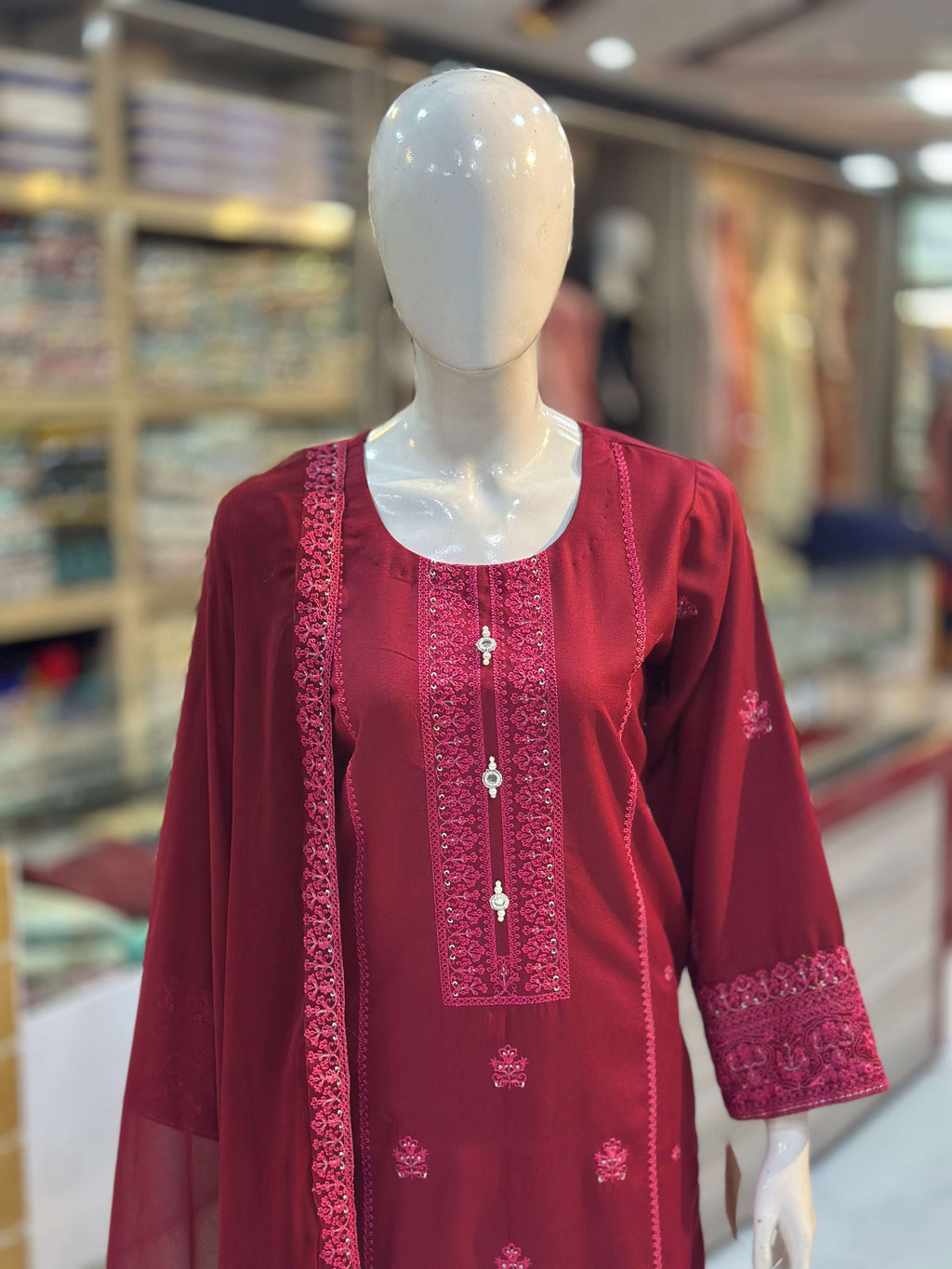 Kashish Maroon Karandi Embroidered 3-Piece Suit Rumaisa Fashion