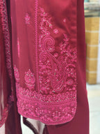 Kashish Maroon Karandi Embroidered 3-Piece Suit Rumaisa Fashion