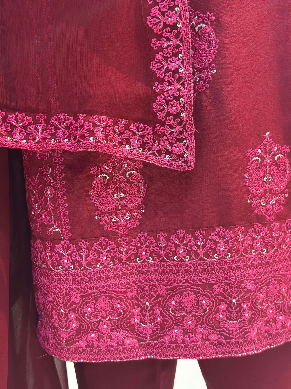 Kashish Maroon Karandi Embroidered 3-Piece Suit Rumaisa Fashion