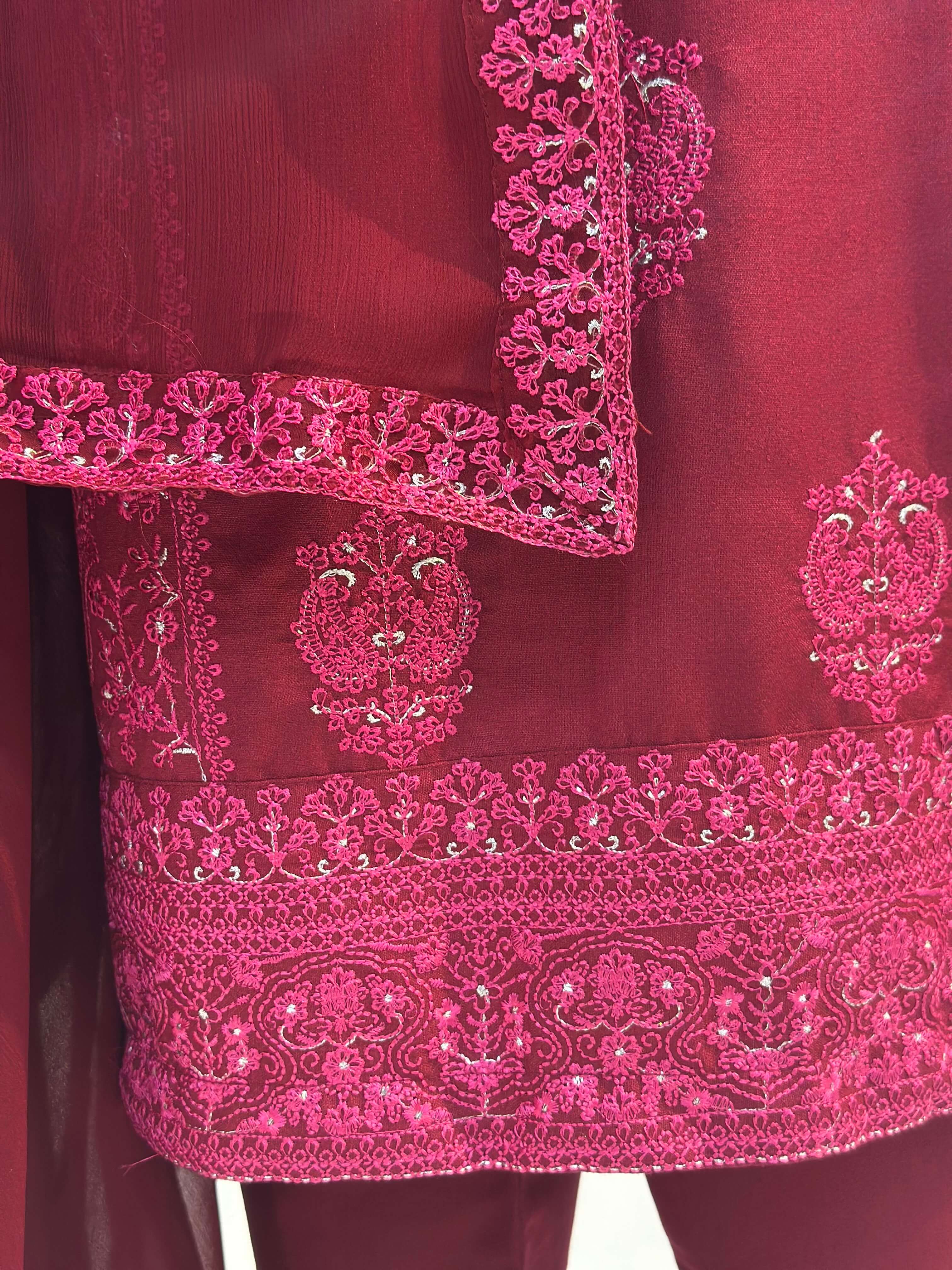 Kashish Maroon Karandi Embroidered 3-Piece Suit Rumaisa Fashion