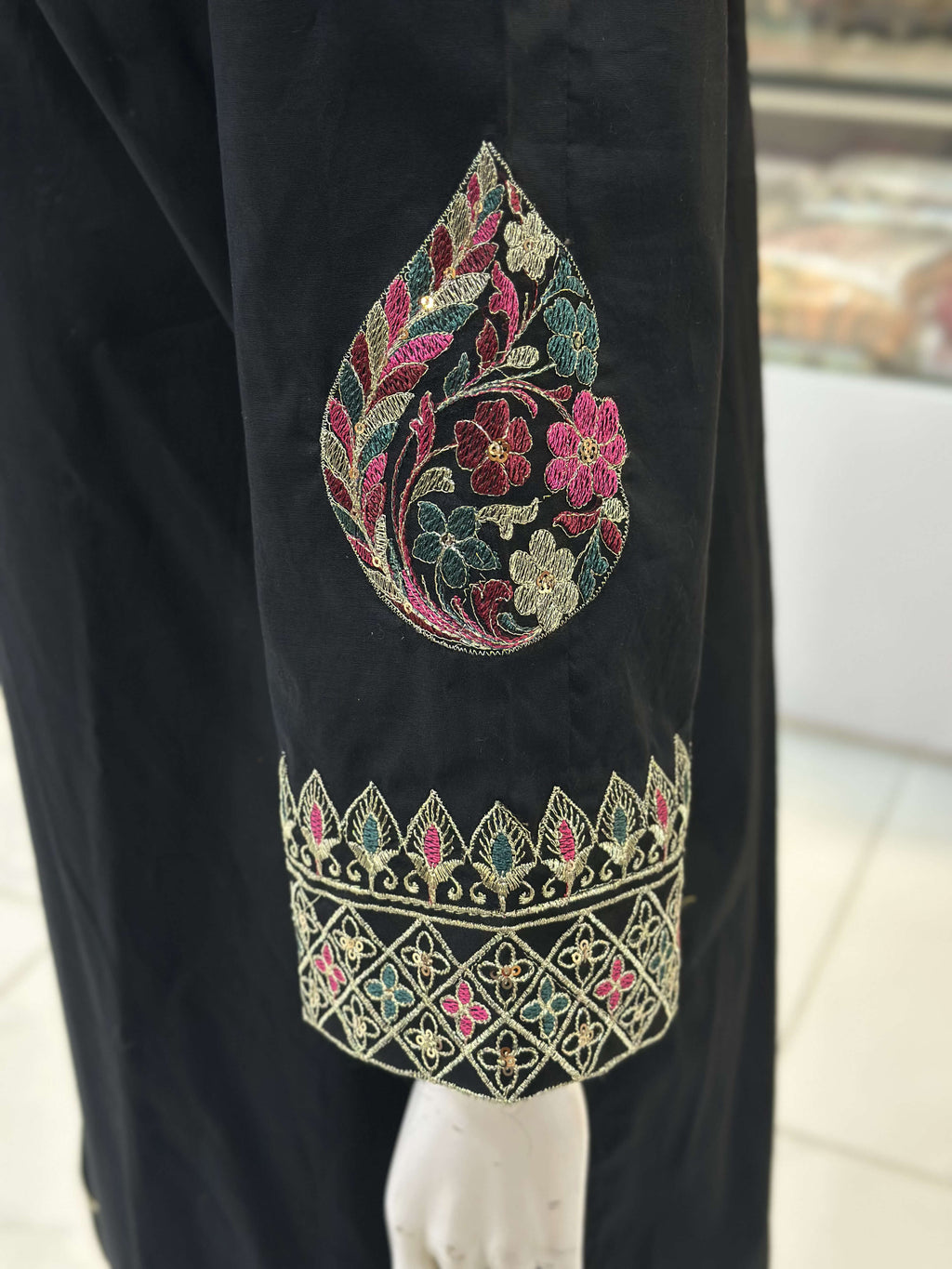 Dil-Kash Black Cambric Patchwork Suit — Cuffs Patchwork Close-Up — Rumaisa Fashion
