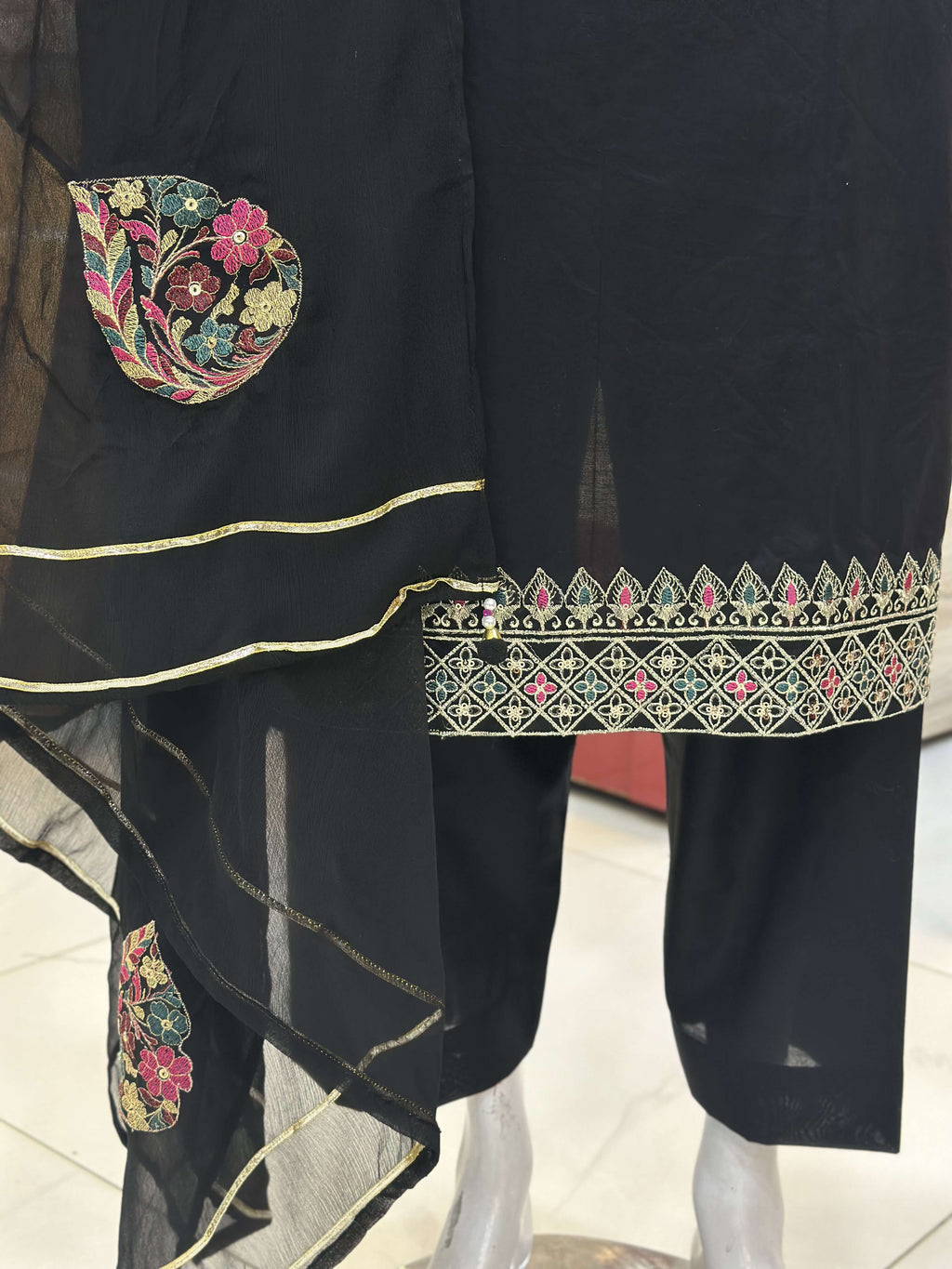 Dil-Kash Black Cambric Patchwork Suit — Kameez Bottom, Shalwar & Dupatta — Rumaisa Fashion