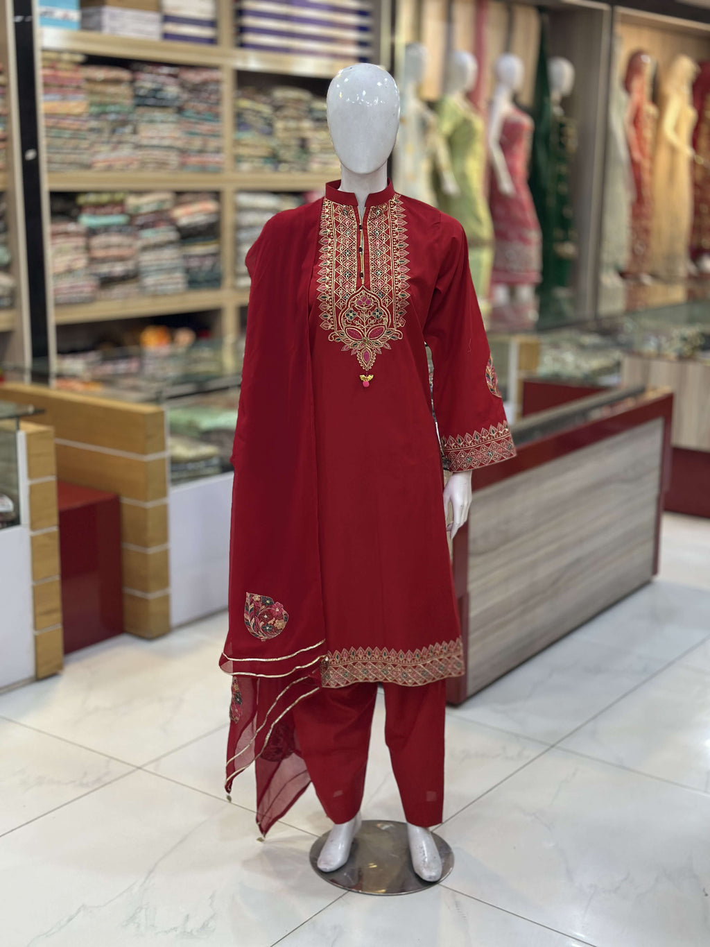Dil-Kash Red Cambric Patchwork 3-Piece Suit — Full Suit View — Rumaisa Fashion