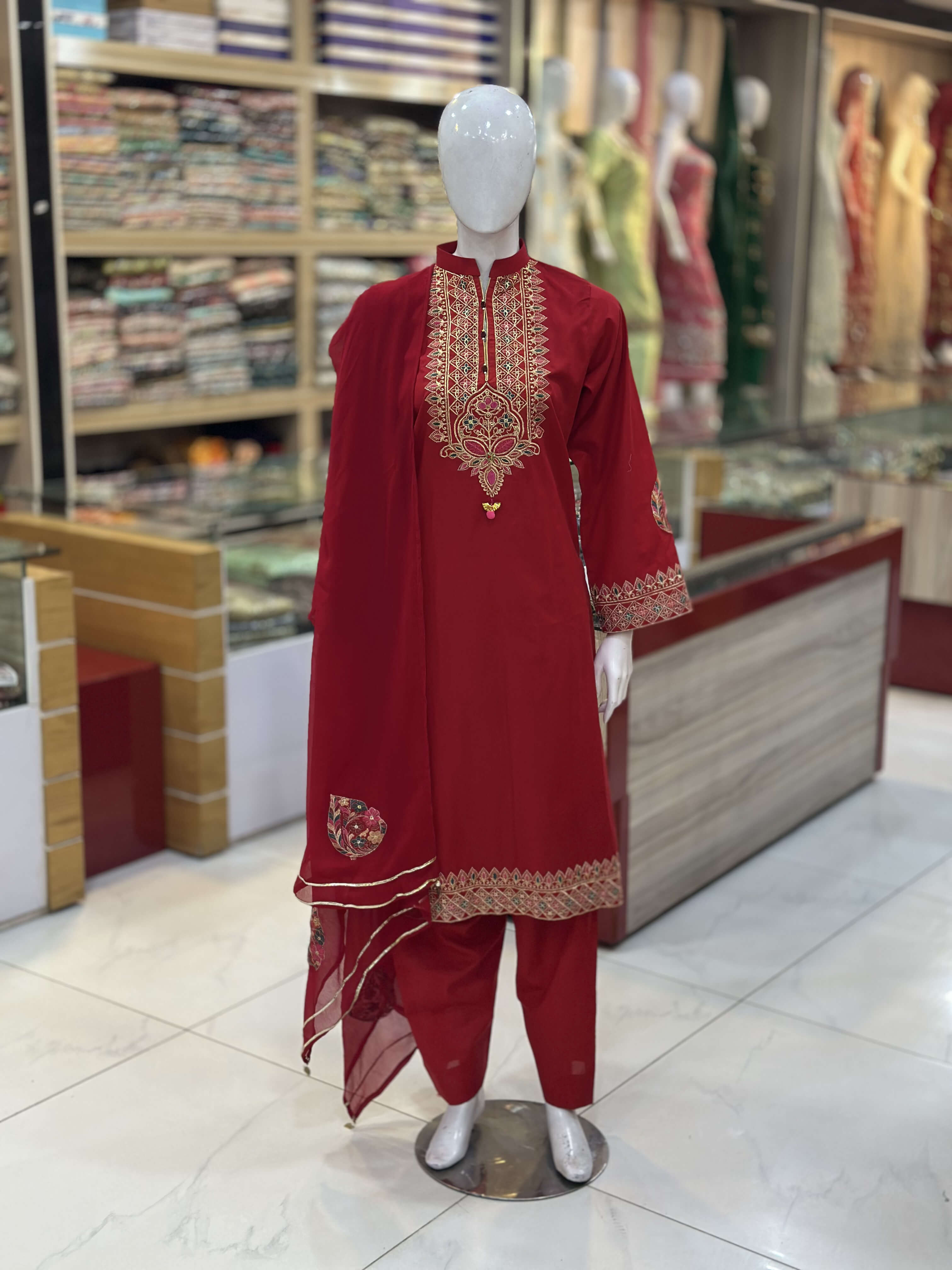 Dil-Kash Red Cambric Patchwork 3-Piece Suit — Full Suit View — Rumaisa Fashion
