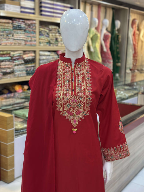 Dil-Kash Red Cambric Patchwork Suit — Upper Kameez Close-Up — Rumaisa Fashion