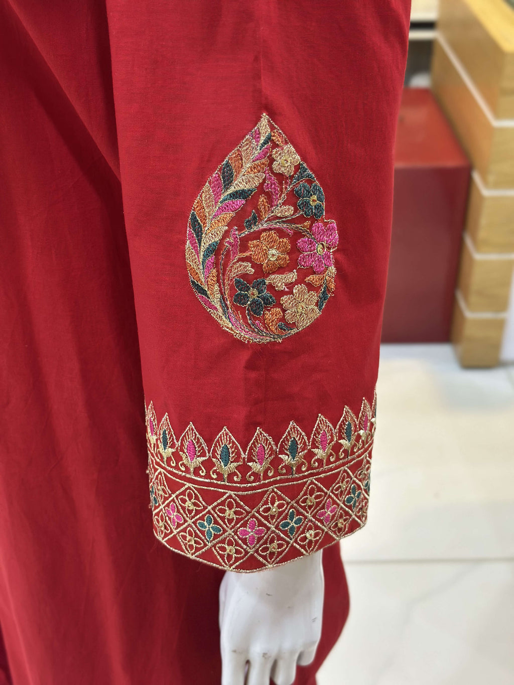 Dil-Kash Red Cambric Patchwork Suit — Cuffs Patchwork Close-Up — Rumaisa Fashion