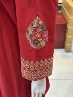 Dil-Kash Red Cambric Patchwork Suit — Cuffs Patchwork Close-Up — Rumaisa Fashion
