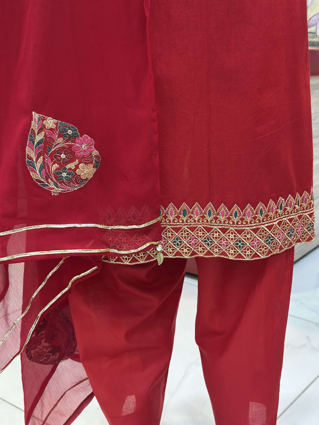 Dil-Kash Red Cambric Patchwork Suit — Kameez Bottom, Shalwar & Dupatta — Rumaisa Fashion