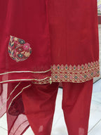 Dil-Kash Red Cambric Patchwork Suit — Kameez Bottom, Shalwar & Dupatta — Rumaisa Fashion
