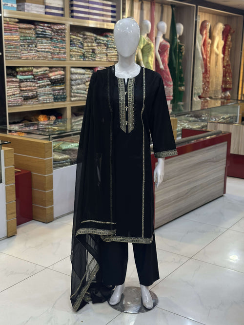 Naaz Black Cambric Patchwork 3-Piece Suit — Full Suit View — Rumaisa Fashion