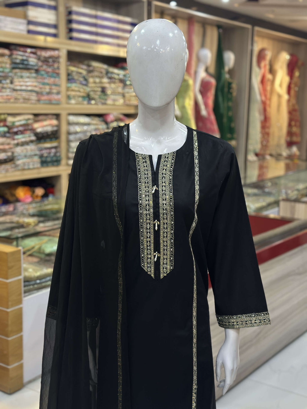 Naaz Black Cambric Patchwork Suit — Upper Kameez & Neckline Panel Close-Up — Rumaisa Fashion