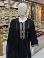 Naaz Black Cambric Patchwork Suit — Upper Kameez & Neckline Panel Close-Up — Rumaisa Fashion