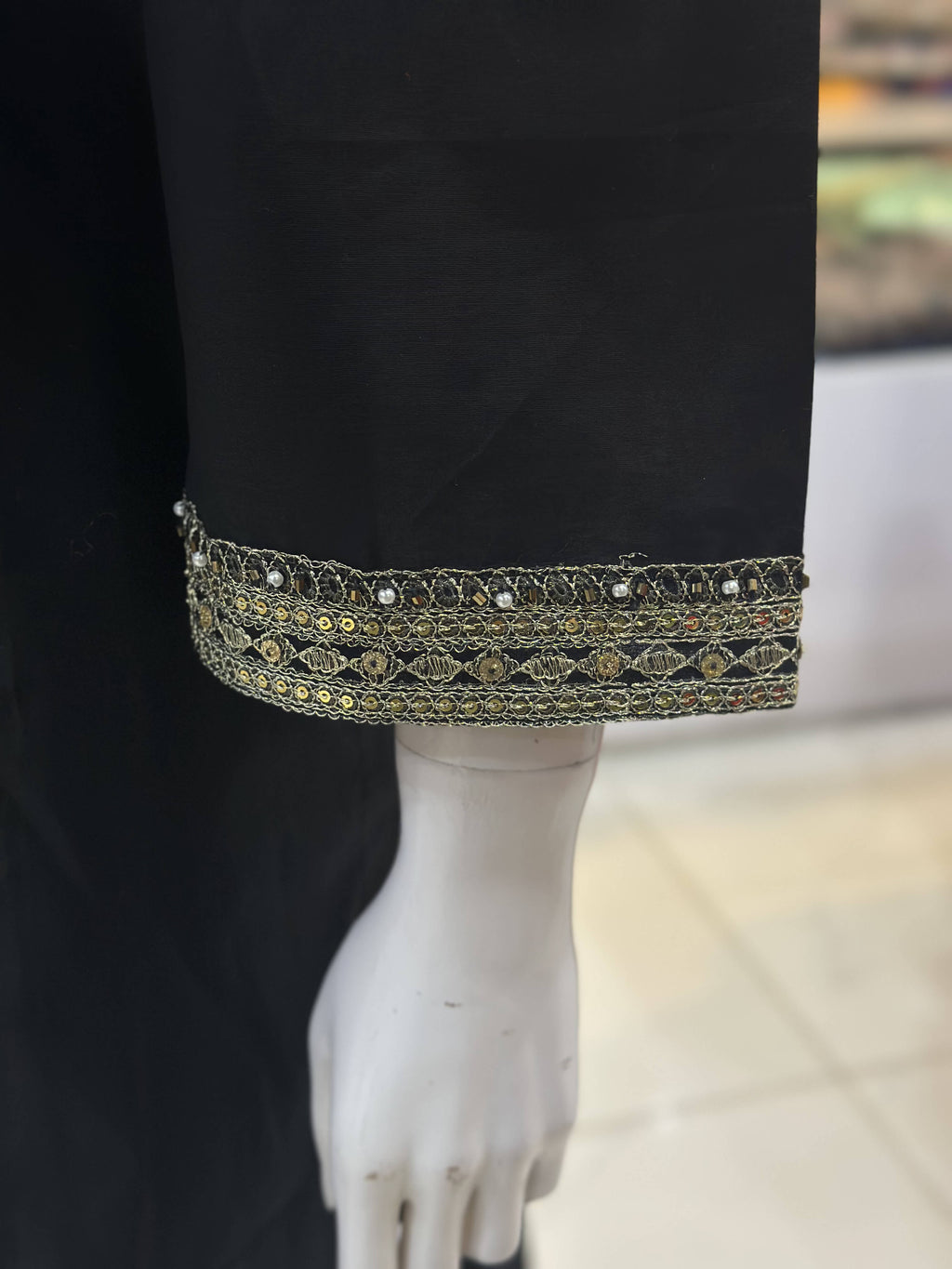 Naaz Black Cambric Patchwork Suit — Cuffs Patchwork Close-Up — Rumaisa Fashion