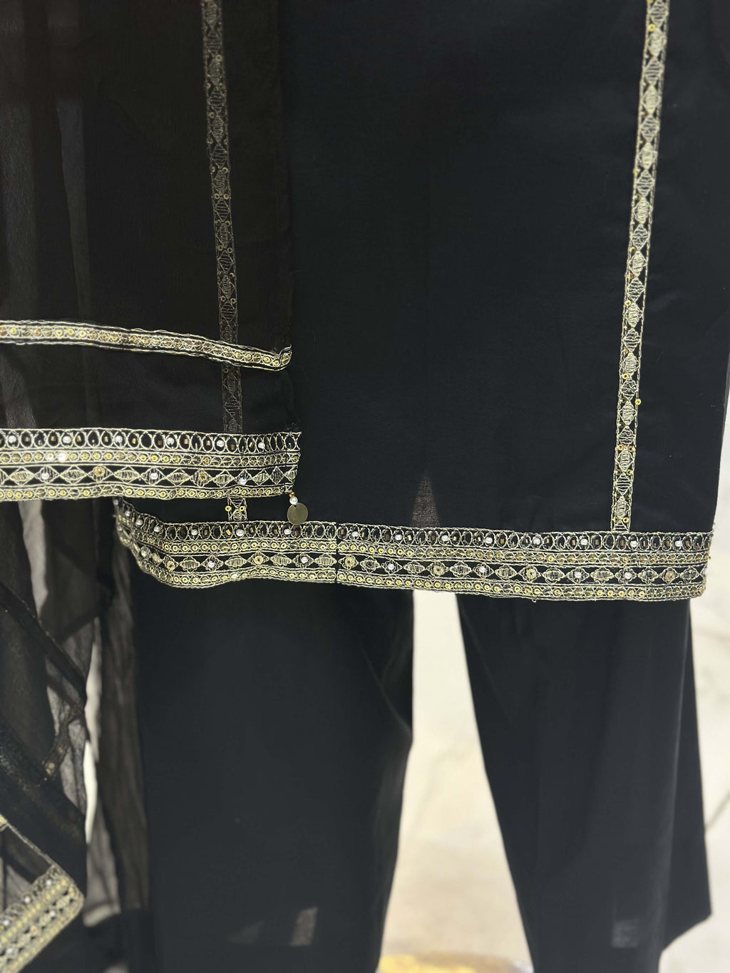 Naaz Black Cambric Patchwork Suit — Kameez Bottom, Shalwar & Dupatta — Rumaisa Fashion