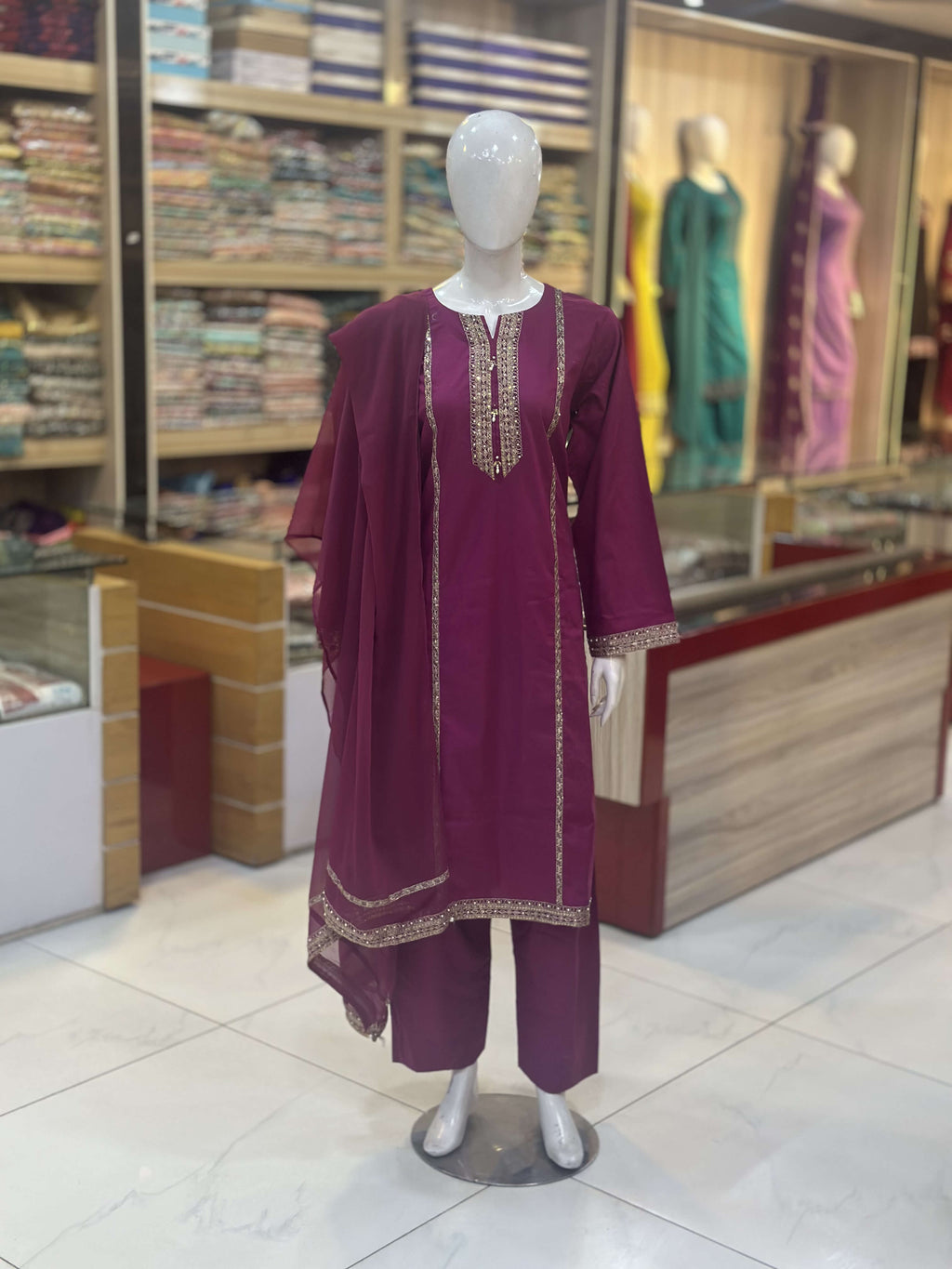Naaz Pink Cambric Patchwork 3-Piece Suit — Full Suit View — Rumaisa Fashion