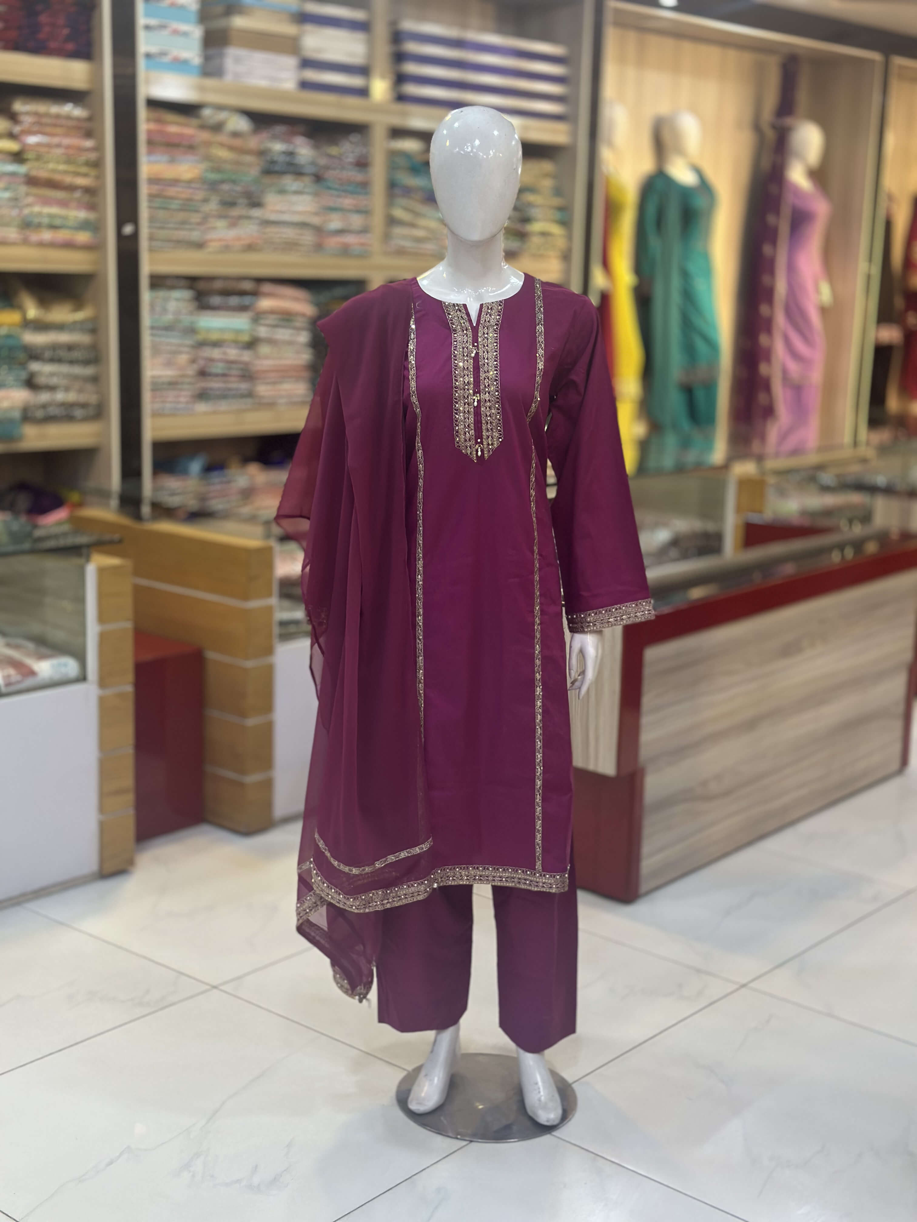 Naaz Pink Cambric Patchwork 3-Piece Suit — Full Suit View — Rumaisa Fashion