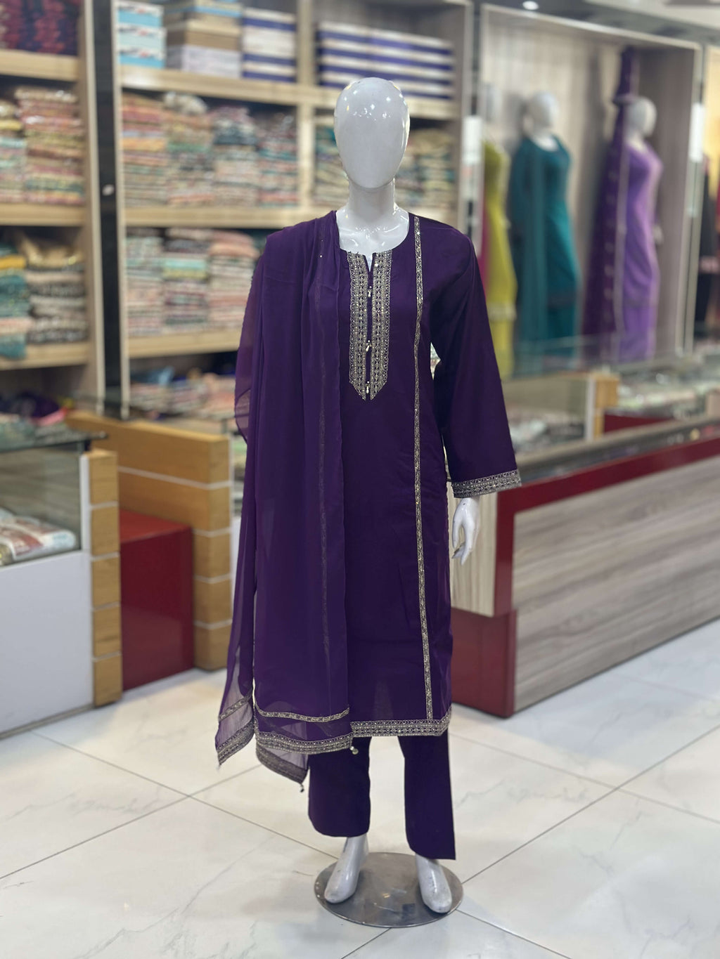 Naaz Purple Cambric Patchwork 3-Piece Suit — Full Suit View — Rumaisa Fashion