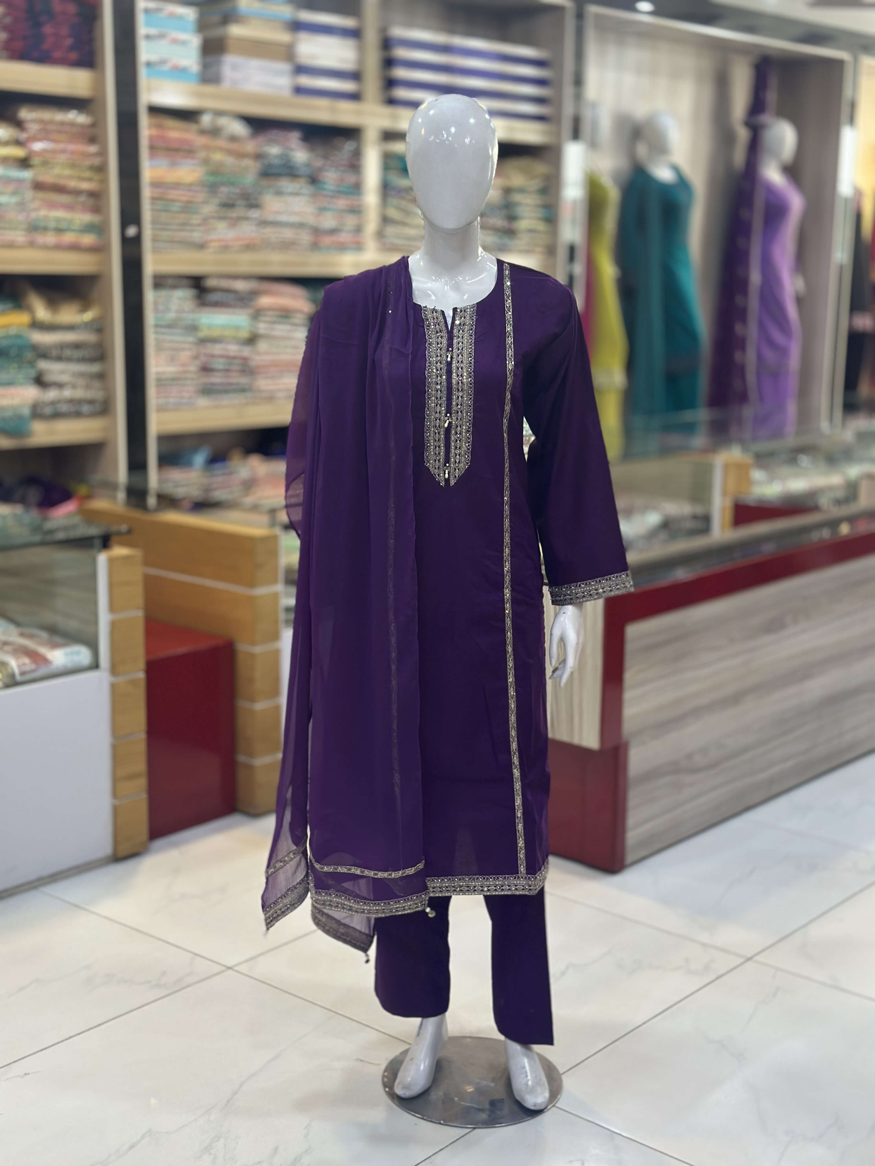 Naaz Purple Cambric Patchwork 3-Piece Suit — Full Suit View — Rumaisa Fashion