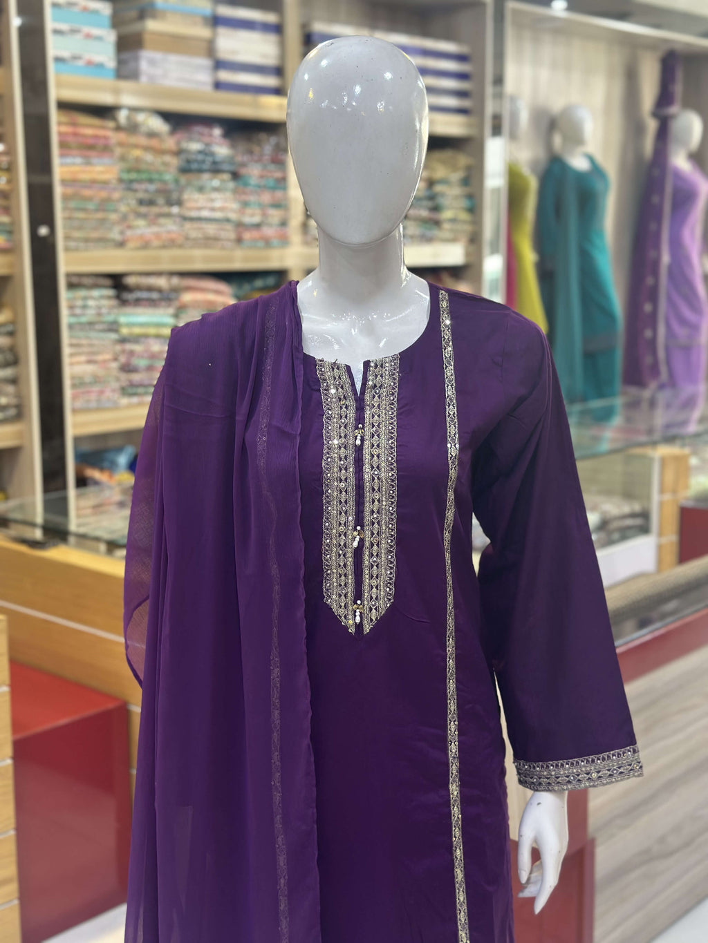 Naaz Purple Cambric Patchwork Suit — Upper Kameez & Neckline Panel Close-Up — Rumaisa Fashion